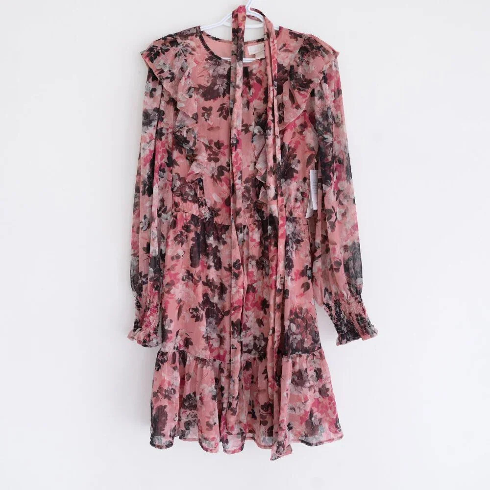 Rachel Parcell Floral Print Ruffle Chiffon Blouson Maroon Midi Dress 4